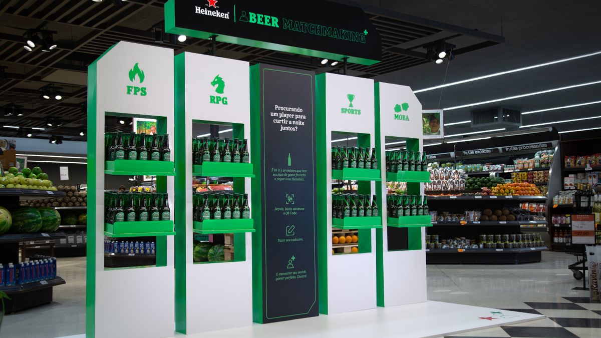 A store display showcasing the game-inspired limited-edition Heineken packaging as an example of an innovative Digital Marketing Campaign