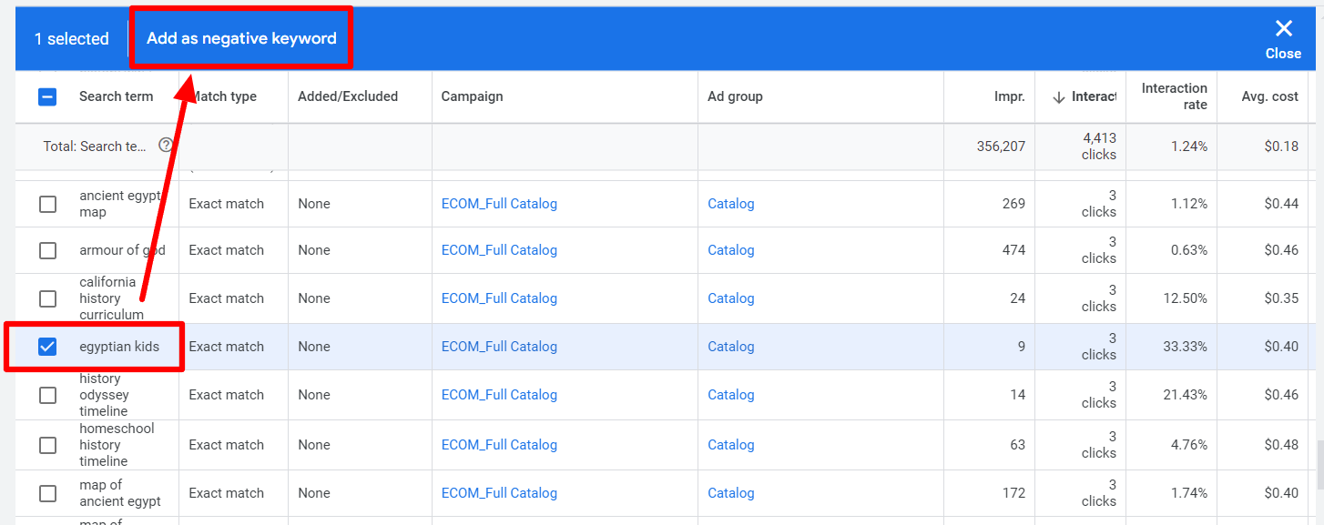 example of the search terms report in Google Ads and how to add a negative keyword.