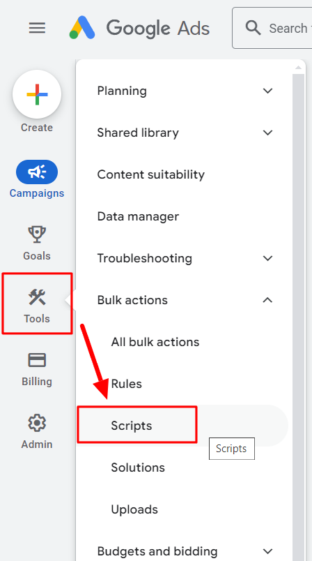 Google ads Scripts button