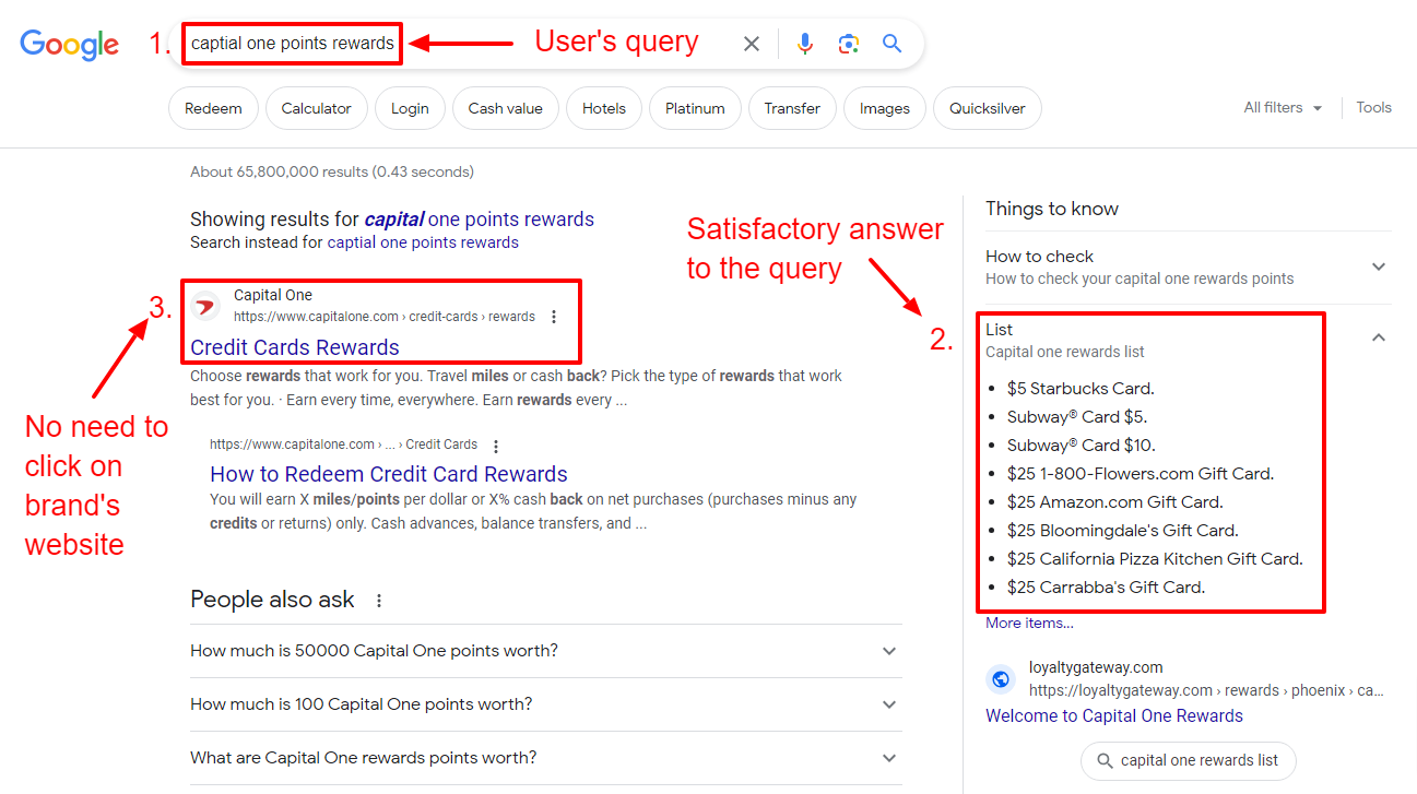 example of zero-click query on google with capital one points